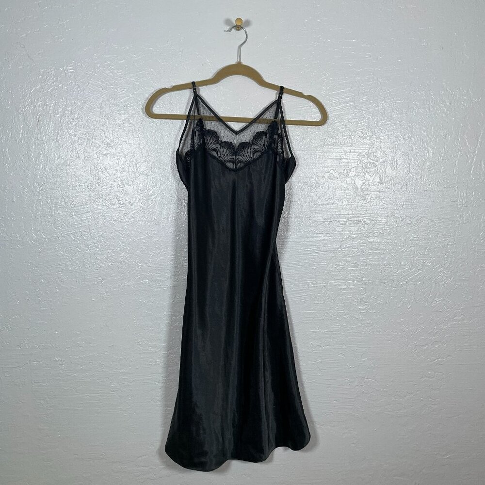 Vintage Victorias Secret Gold Label Women S Black Lace Trim Satin Slip Dress Y2K